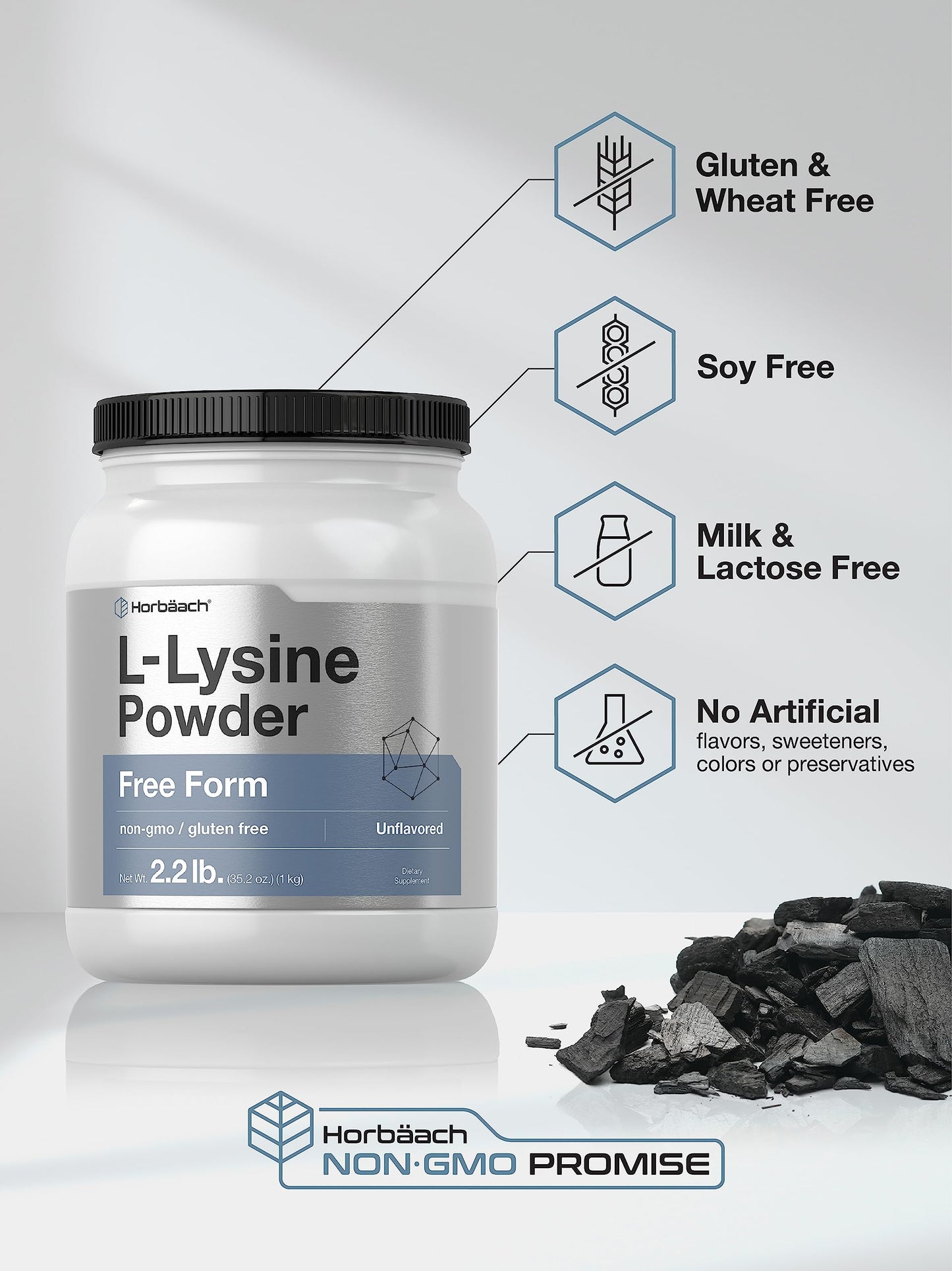 Horbäach L-Lysine Powder 2.2 lbs - Unflavored Free Form, Vegetarian, Non-GMO, Gluten Free Formula