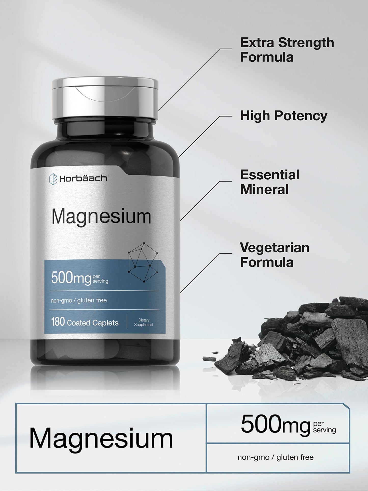 Horbäach Magnesium 500mg | 180 Caplets | Vegetarian, Gluten Free, Non-GMO