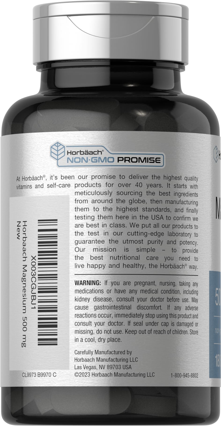 Horbäach Magnesium 500mg | 180 Caplets | Vegetarian, Gluten Free, Non-GMO