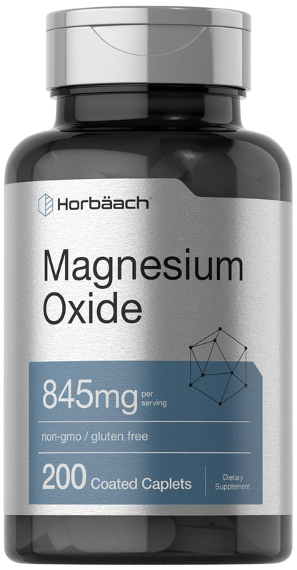 Horbäach Magnesium Oxide | 845 mg | 200 Coated Caplets | Vegetarian, Non-GMO, Gluten Free