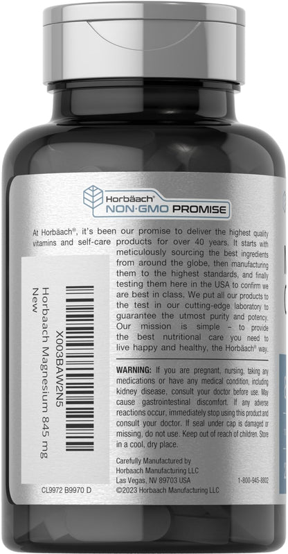 Horbäach Magnesium Oxide | 845 mg | 200 Coated Caplets | Vegetarian, Non-GMO, Gluten Free