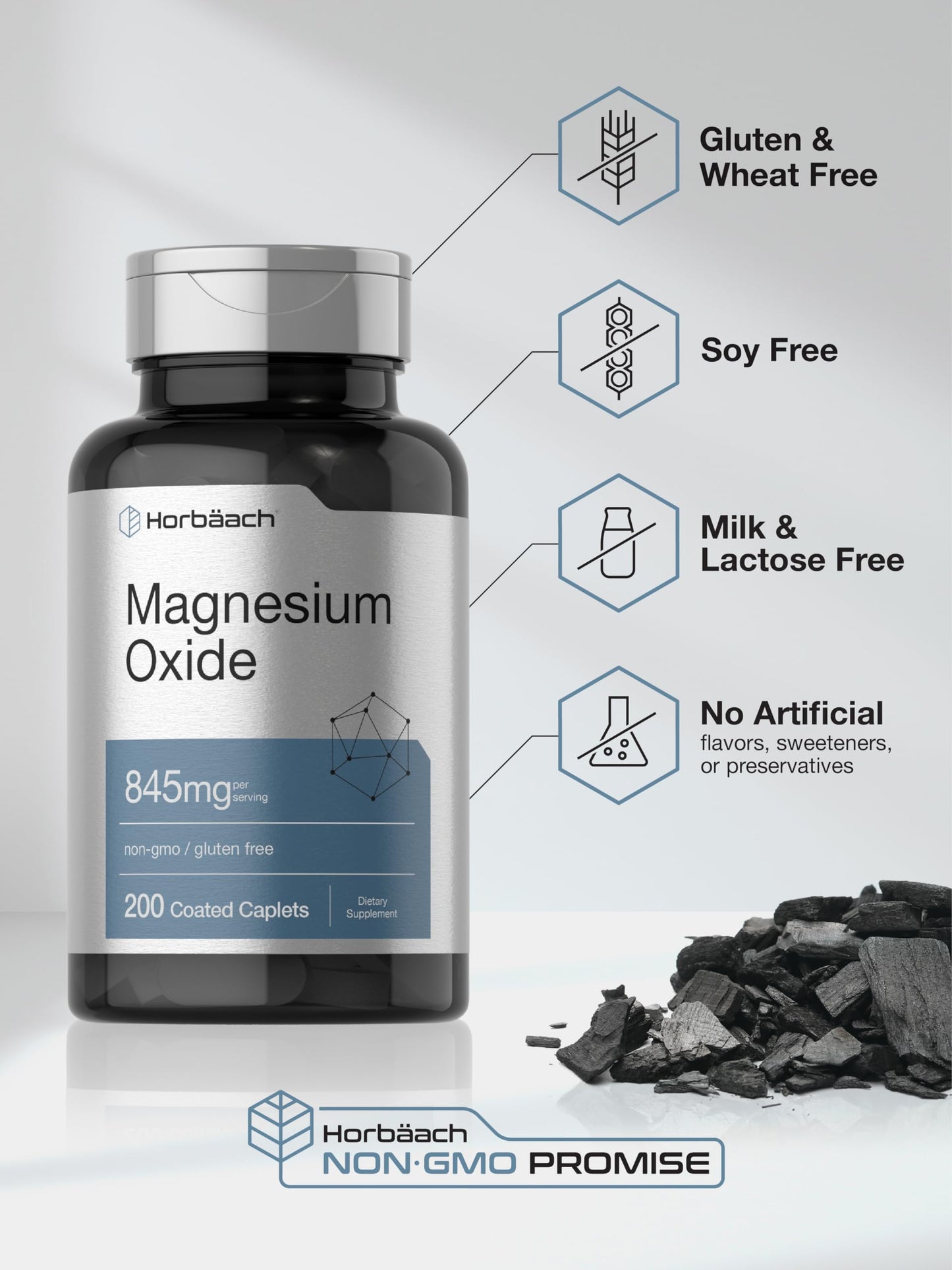 Horbäach Magnesium Oxide | 845 mg | 200 Coated Caplets | Vegetarian, Non-GMO, Gluten Free