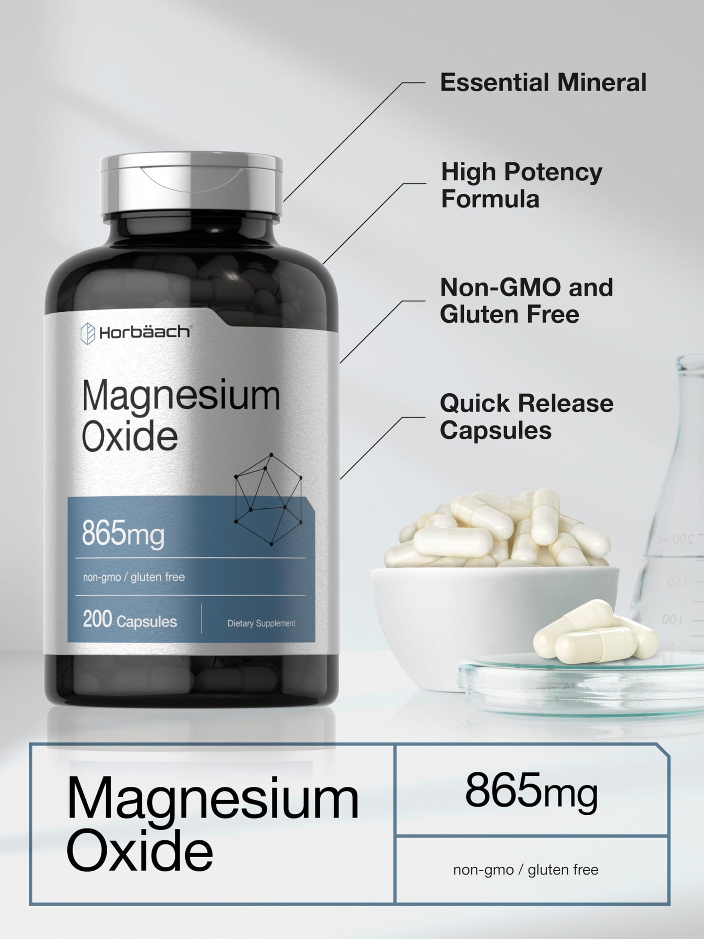 Horbäach Magnesium Oxide 865 mg | 200 Capsules | Non-GMO & Gluten Free