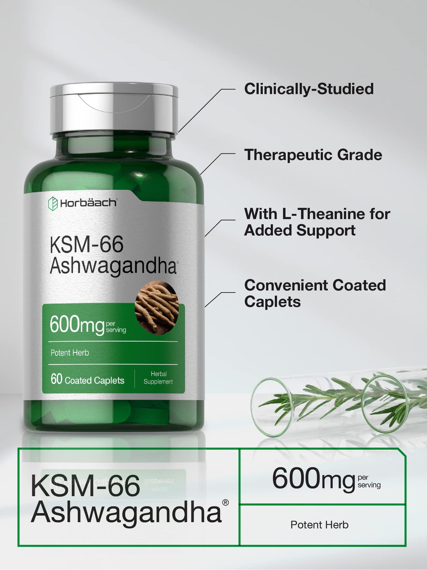 Horbäach KSM-66 Ashwagandha 600mg with L-Theanine | 60 Caplets, Vegan