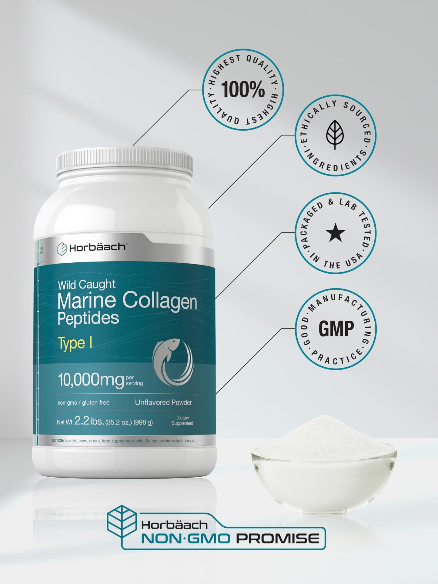 Horbäach Marine Collagen Powder 2.2 lbs – Unflavored, Hydrolyzed Peptides, Keto & Paleo