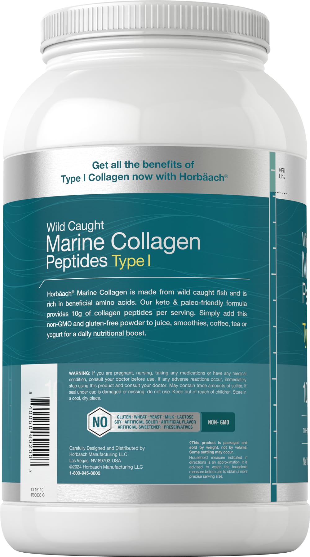Horbäach Marine Collagen Powder 2.2 lbs – Unflavored, Hydrolyzed Peptides, Keto & Paleo