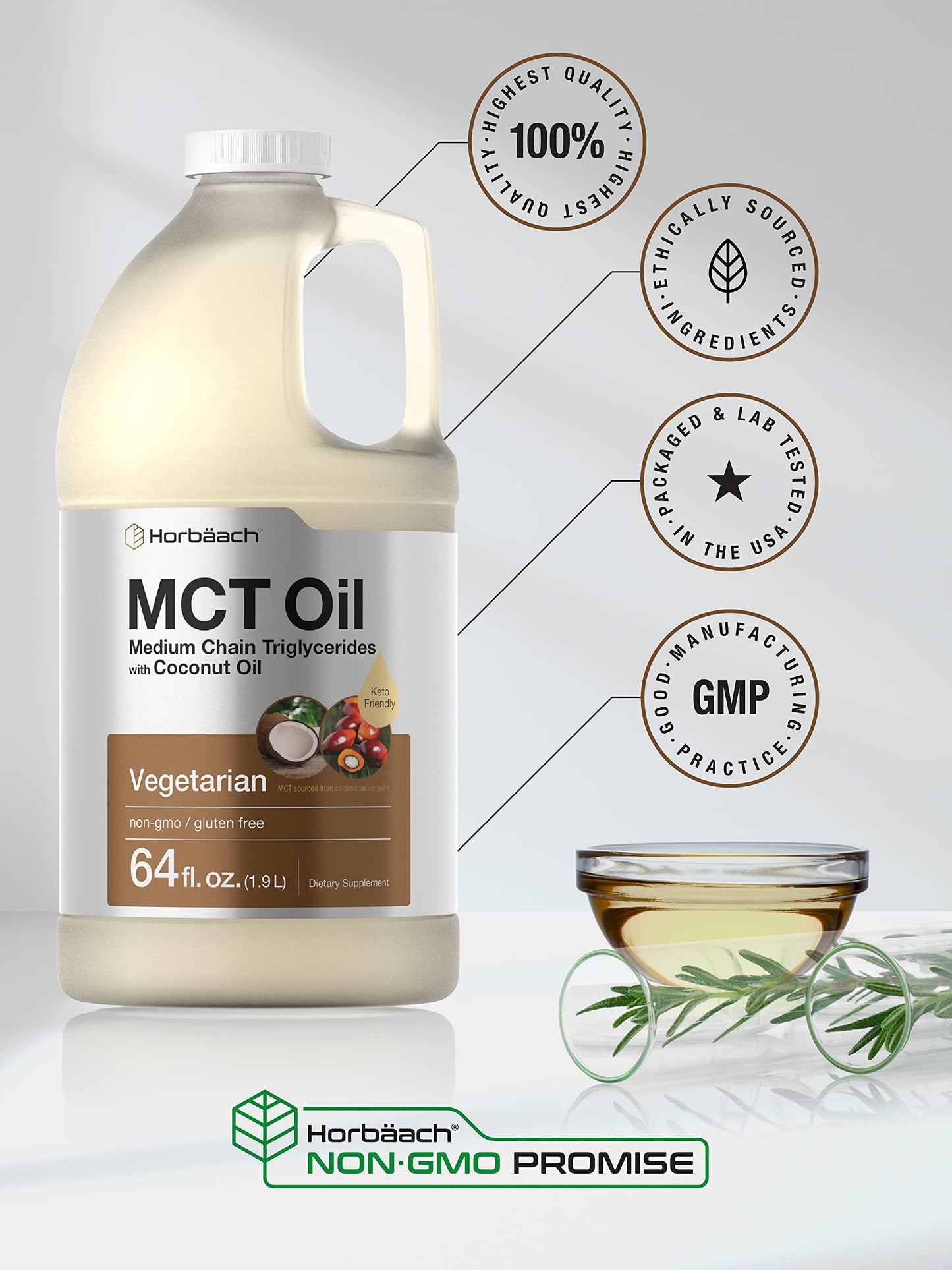 Horbaach MCT Oil 64 oz – 100% Pure, Unflavored, Keto & Gluten Free | Blends with Coffee, Tea & Liquids