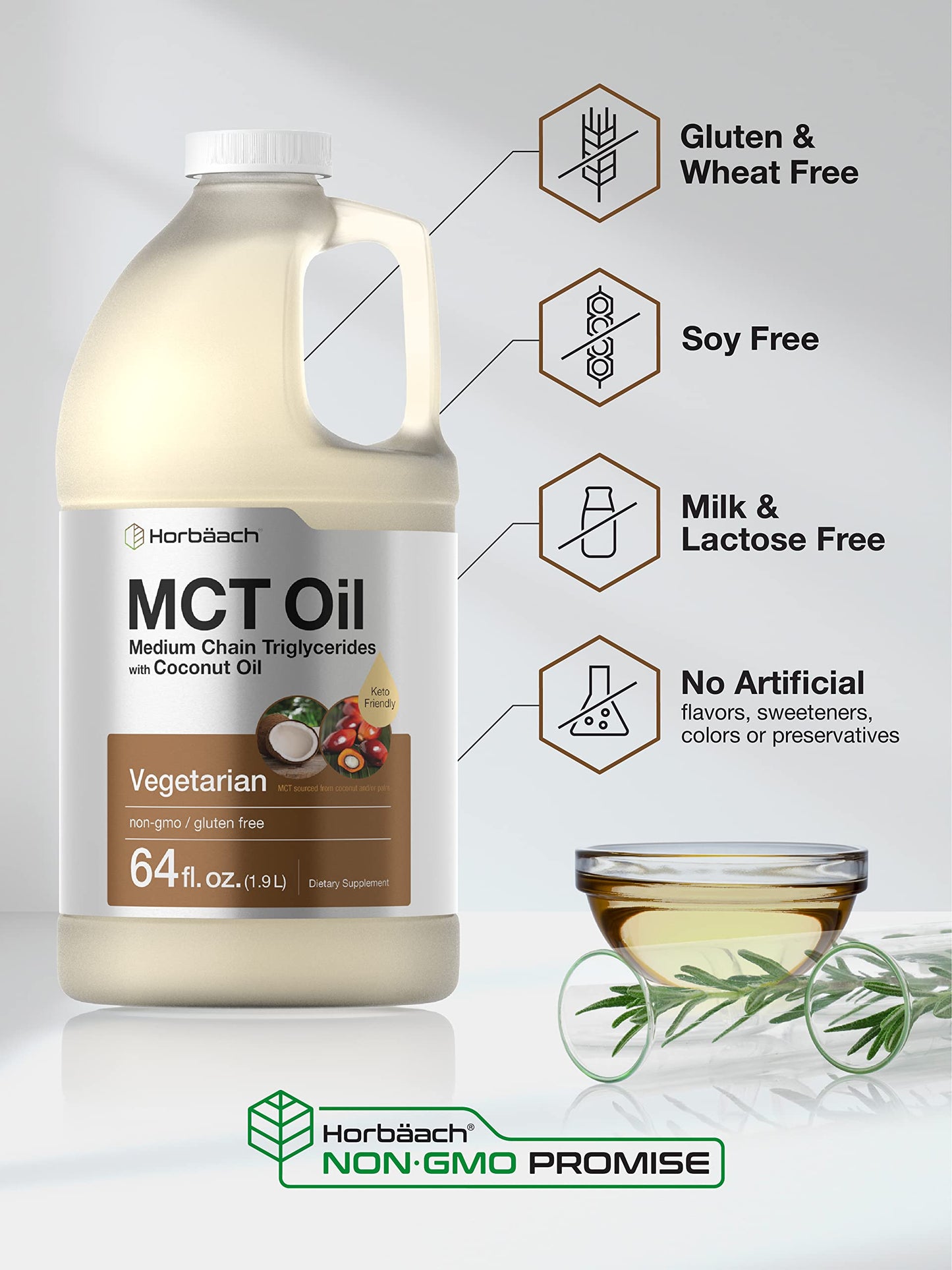 Horbaach MCT Oil 64 oz – 100% Pure, Unflavored, Keto & Gluten Free | Blends with Coffee, Tea & Liquids