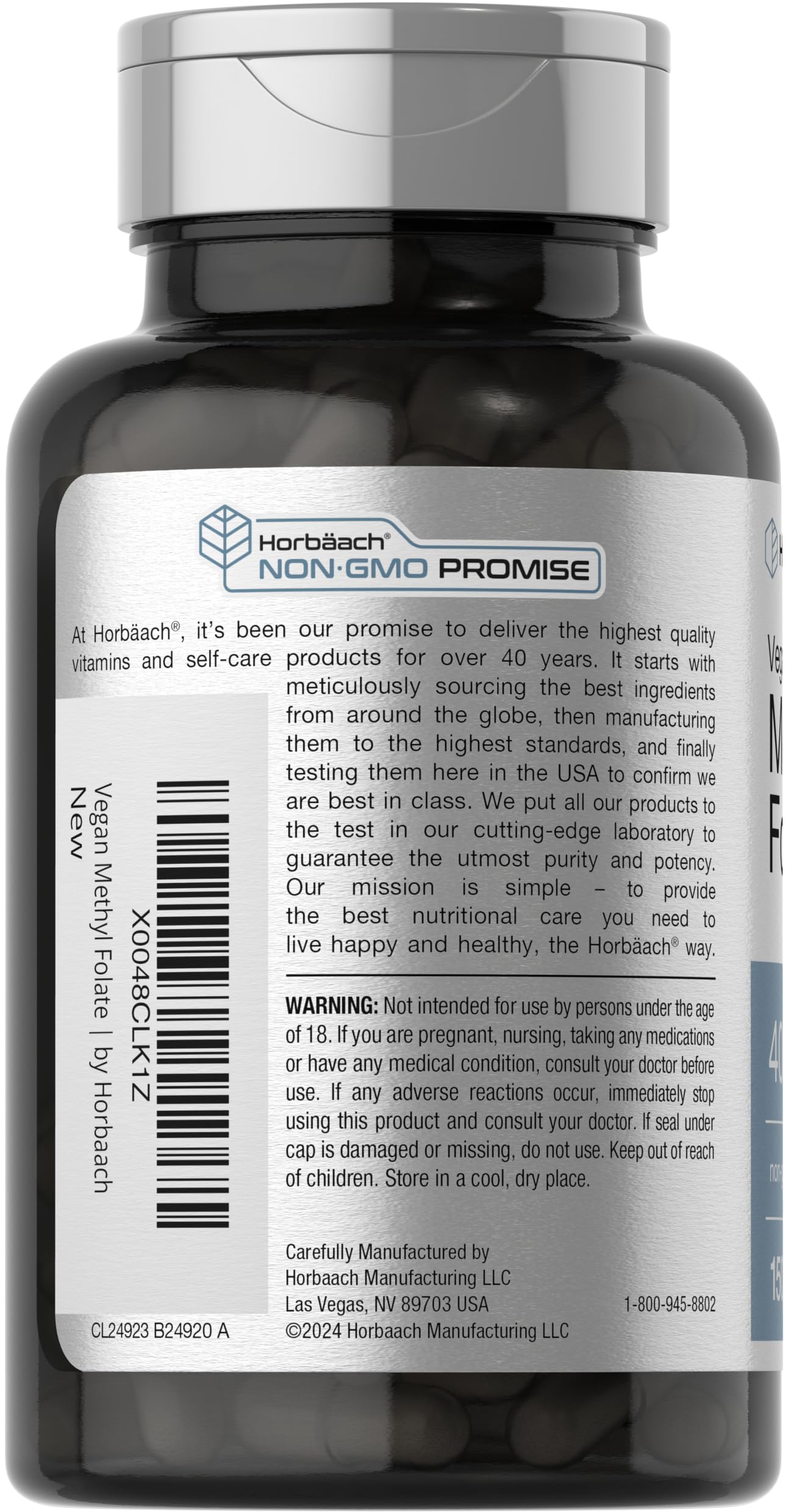 Horbäach Methyl Folate 400 mcg | 150 Vegan Capsules | Non-GMO, Gluten Free | Dietary Supplement