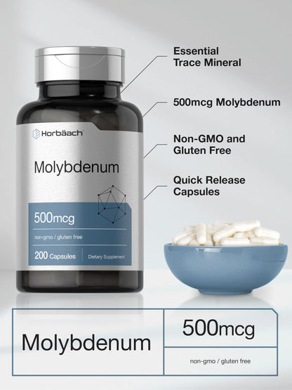 Horbaach Molybdenum Supplement | 500mcg | 200 Capsules | Amino Acid Chelate | Non-GMO, Gluten Free