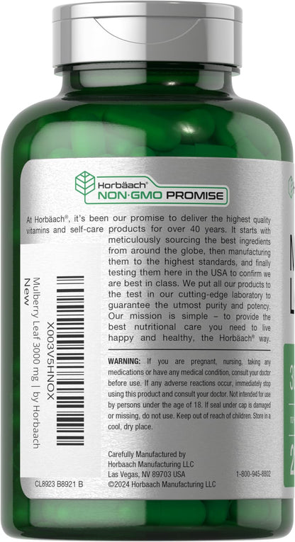 Horbäach Mulberry Leaf Extract Capsules 3000mg - 220 Count | Non-GMO, Gluten Free