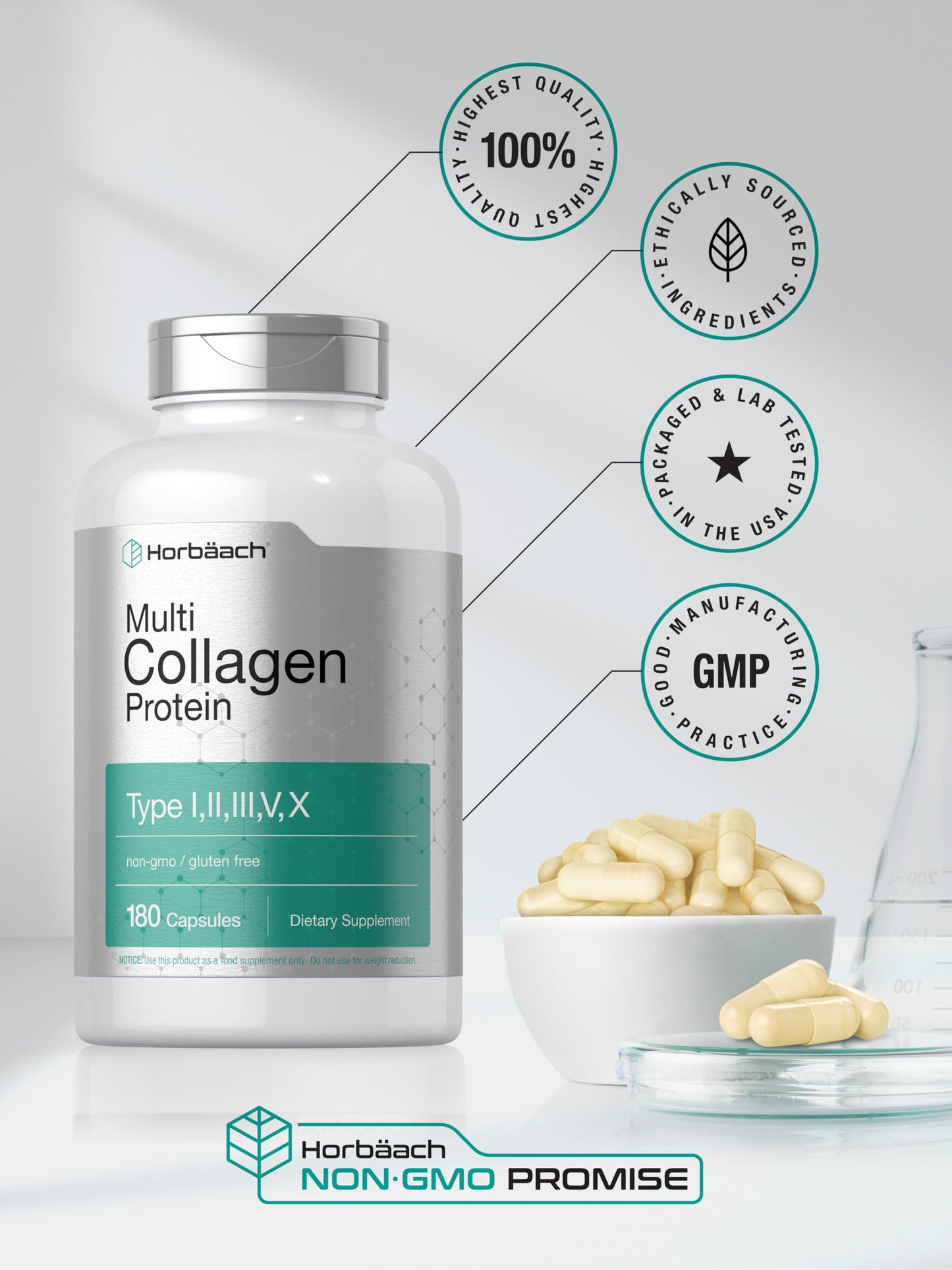 Horbäach Multi Collagen Protein 2000 mg – 180 Capsules | Hydrolyzed Collagen Types I, II, III, V, X | Keto & Paleo Friendly, Non-GMO, Gluten Free