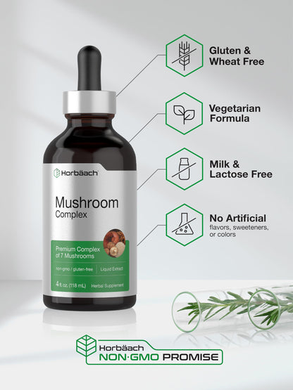 Horbäach Mushroom Complex – 4 Fl Oz Liquid Drops | Lion's Mane, Reishi, Shiitake & More – Vegetarian, Non-GMO