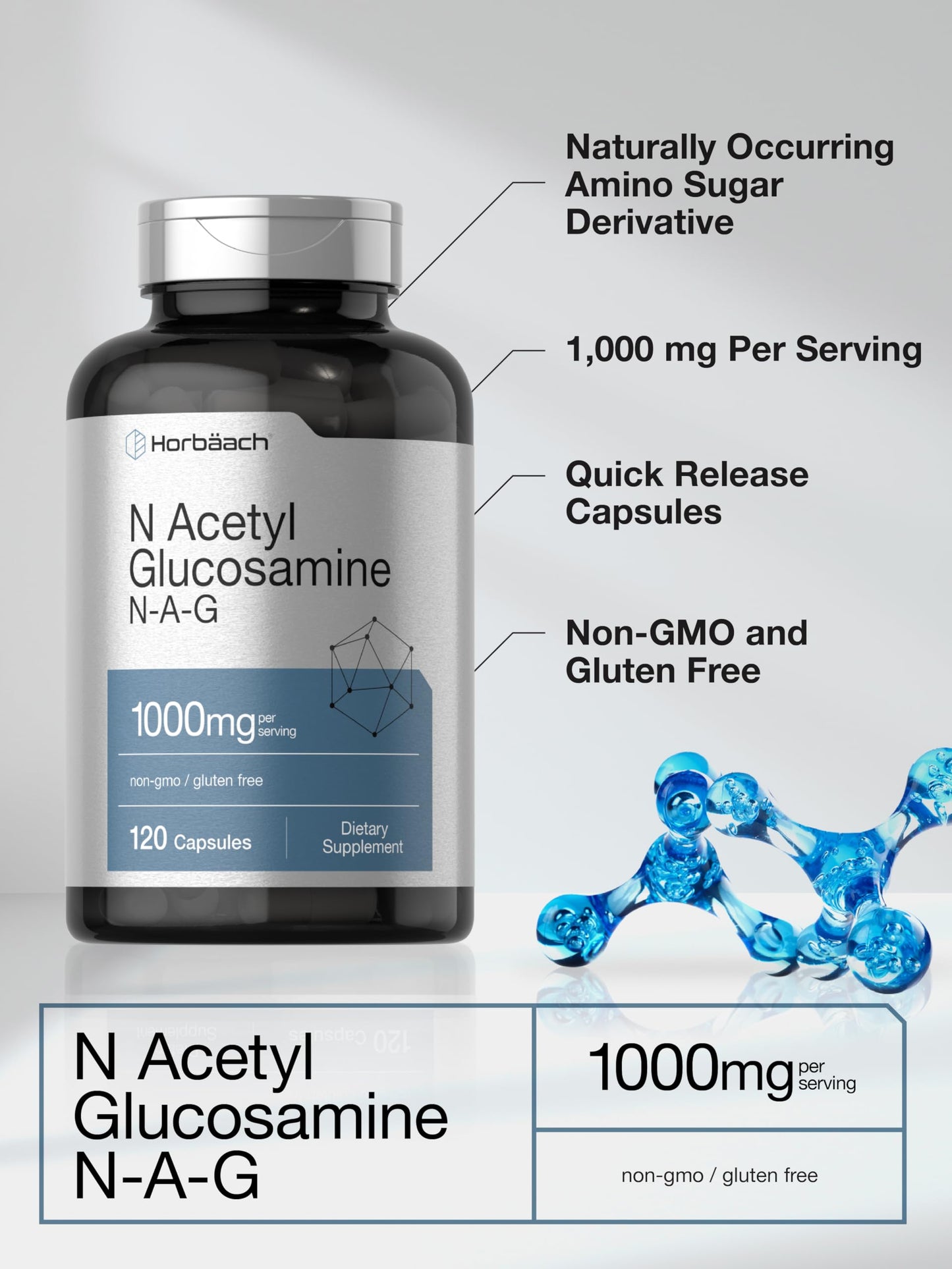 Horbaach N-Acetyl Glucosamine 1000 mg - 120 Capsules | NAG Supplement - Non-GMO & Gluten Free