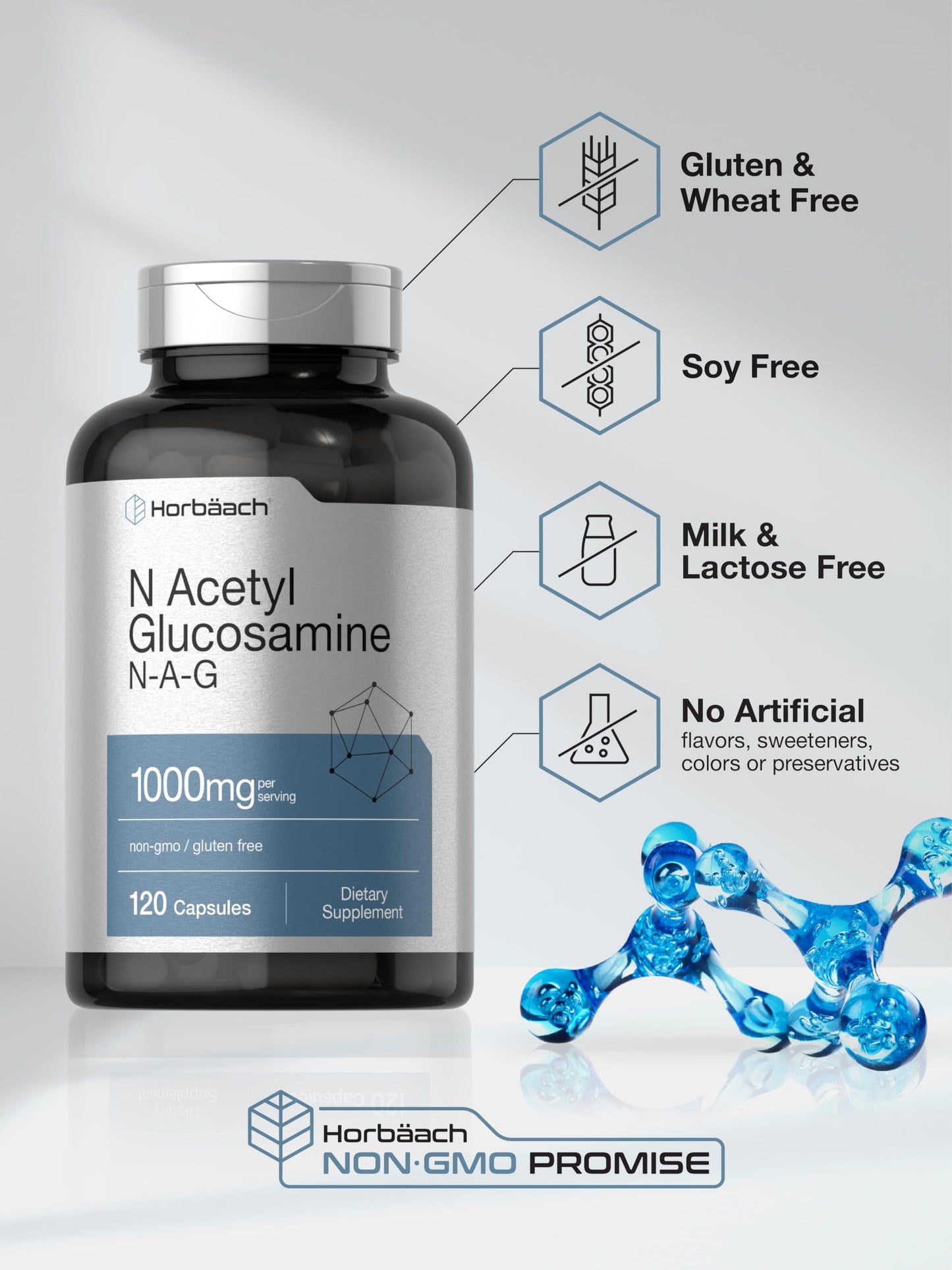 Horbaach N-Acetyl Glucosamine 1000 mg - 120 Capsules | NAG Supplement - Non-GMO & Gluten Free