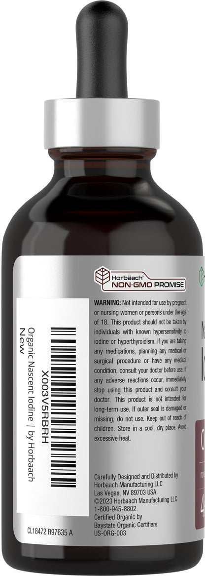 Horbaach Nascent Iodine Drops - 4 Fl Oz Organic Liquid Tincture, Potassium Iodide | Vegan, Non-GMO, Gluten Free