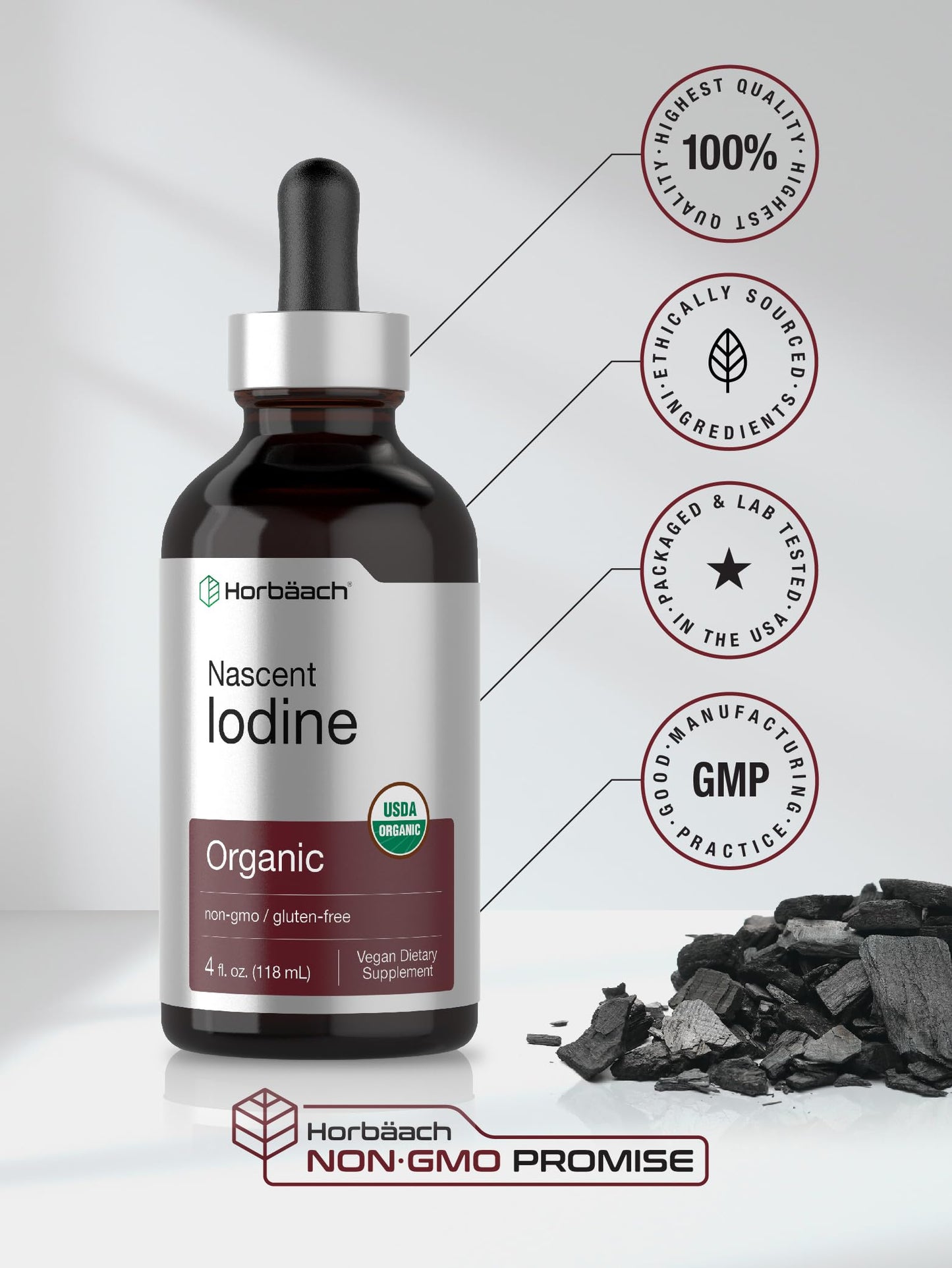 Horbaach Nascent Iodine Drops - 4 Fl Oz Organic Liquid Tincture, Potassium Iodide | Vegan, Non-GMO, Gluten Free