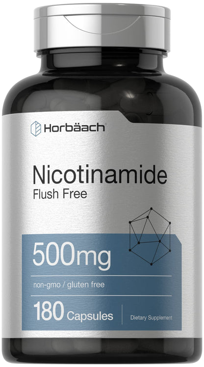 Horbäach Nicotinamide 500mg – 180 Capsules | Flush Free Niacinamide | Non-GMO & Gluten Free Vitamin