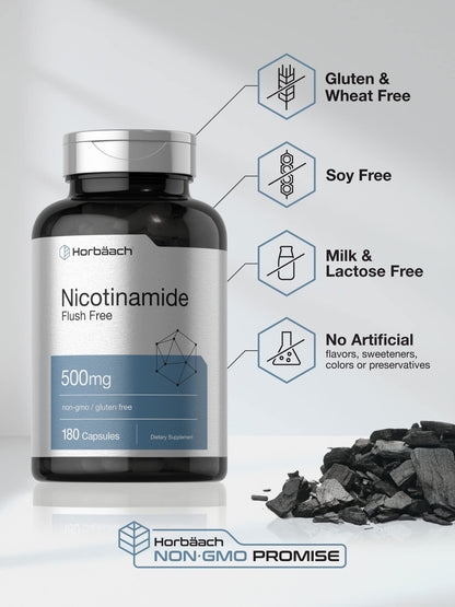 Horbäach Nicotinamide 500mg – 180 Capsules | Flush Free Niacinamide | Non-GMO & Gluten Free Vitamin