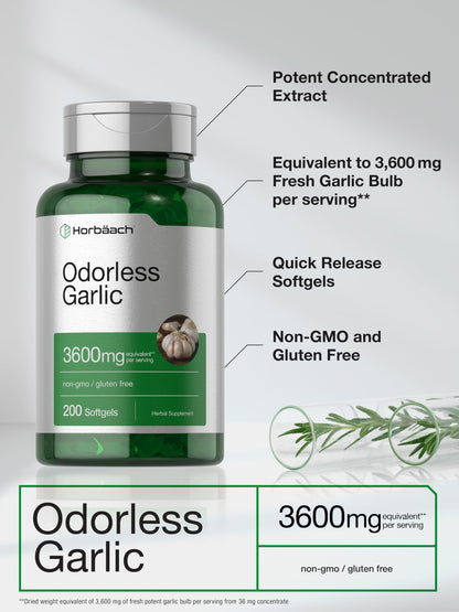 Horbäach Odorless Garlic Softgels 3600 mg - 200 Count - Ultra Potent Garlic Extract - Non-GMO & Gluten Free