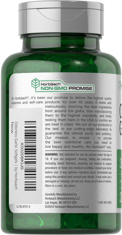 Horbäach Odorless Garlic Softgels 3600 mg - 200 Count - Ultra Potent Garlic Extract - Non-GMO & Gluten Free