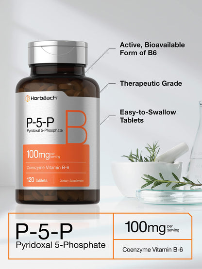 Horbäach P5P Activated Vitamin B6 100mg | 120 Tablets | Vegetarian, Non-GMO, Gluten Free | Pyridoxal 5 Phosphate