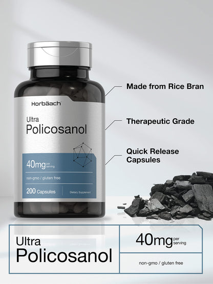 Horbäach Policosanol 40mg | 200 Capsules | Non-GMO & Gluten Free Supplement