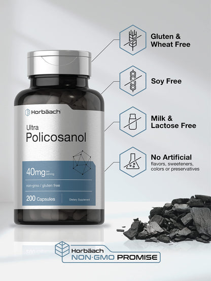 Horbäach Policosanol 40mg | 200 Capsules | Non-GMO & Gluten Free Supplement