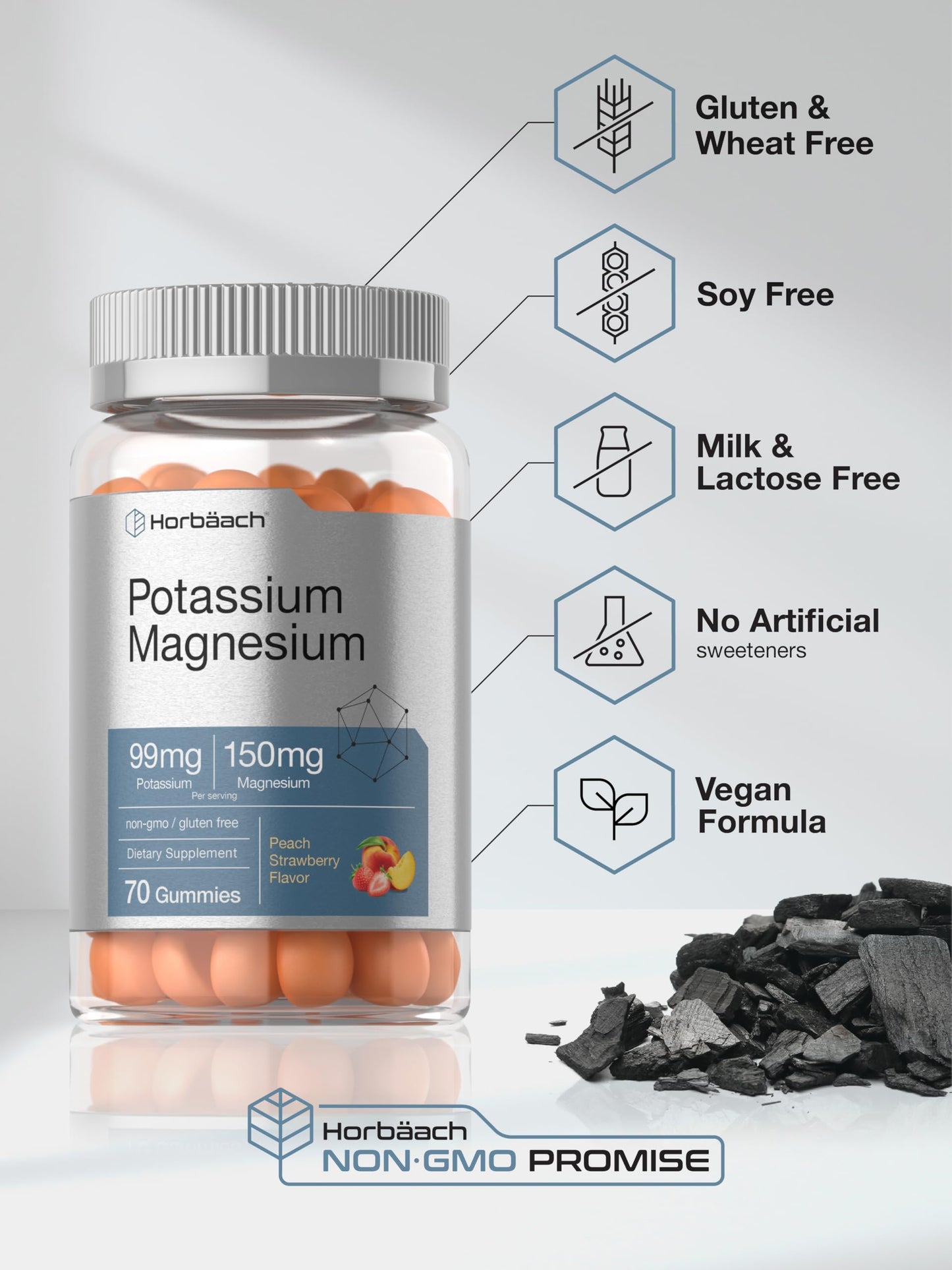 Horbäach Potassium Magnesium Gummies – Peach Strawberry | 70 Count | Vegan, Non-GMO, Gluten Free