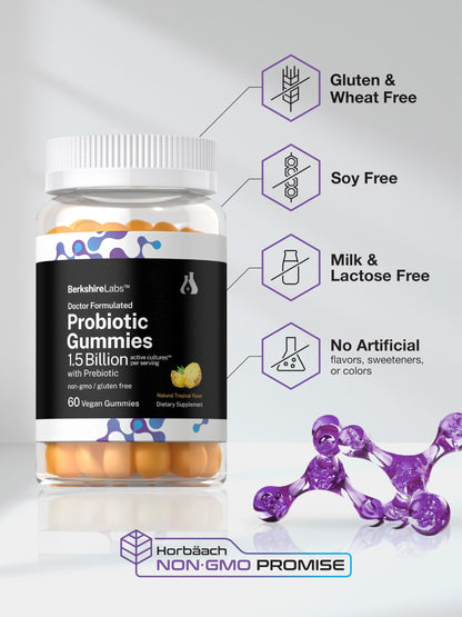 Horbäach Probiotic Gummies – 60 Count | 1.5B CFU + Prebiotic | Doctor Formulated | Vegan, Gluten Free | Berkshire Labs