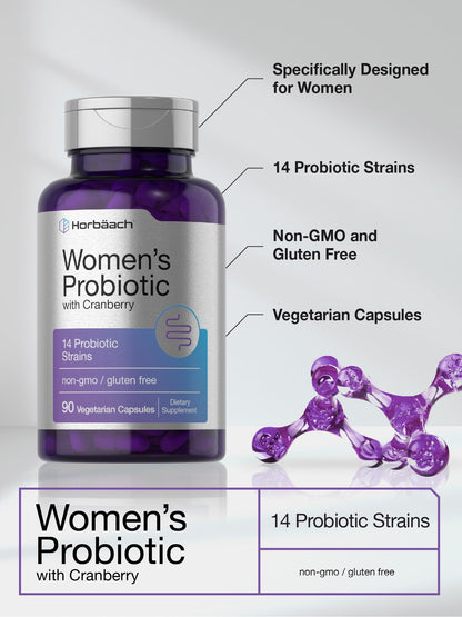 Horbäach Probiotic for Women with Cranberry | 90 Vegetarian Capsules | 14 Strains | Non-GMO, Gluten Free