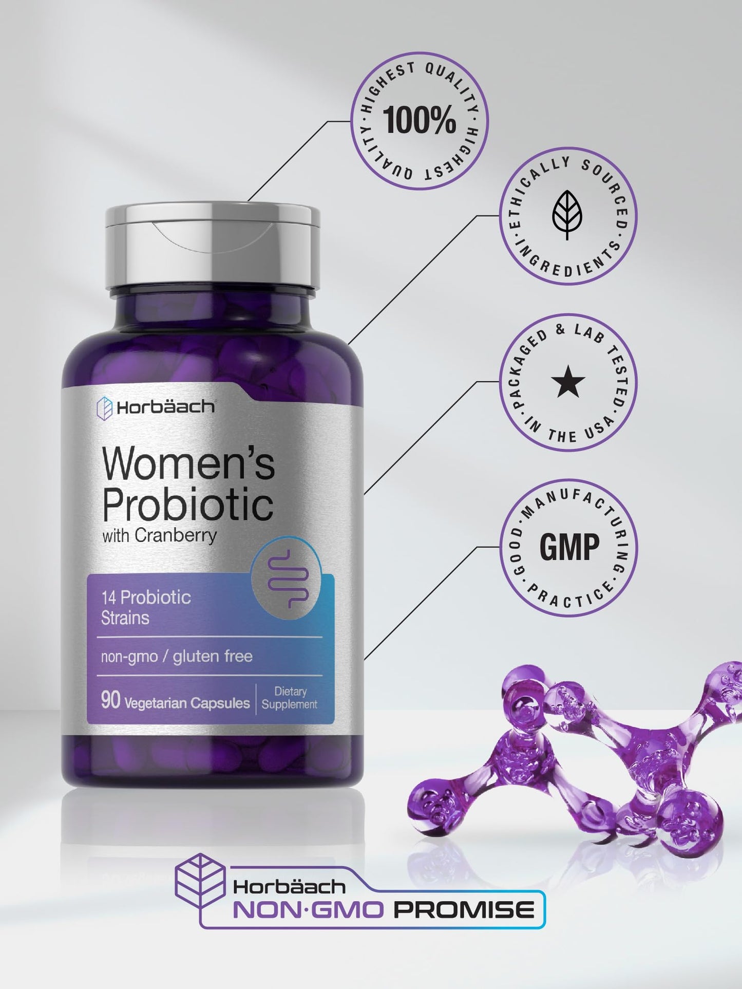 Horbäach Probiotic for Women with Cranberry | 90 Vegetarian Capsules | 14 Strains | Non-GMO, Gluten Free