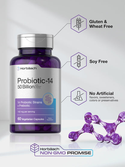Horbaach Probiotics for Women and Men – 60 Capsules | 50 Billion Active Organisms | 14 Strains + Prebiotic | Non-GMO & Gluten Free