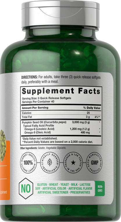 Horbäach Pumpkin Seed Oil 3000mg - 120 Softgels | Cold Pressed, Non-GMO & Gluten Free