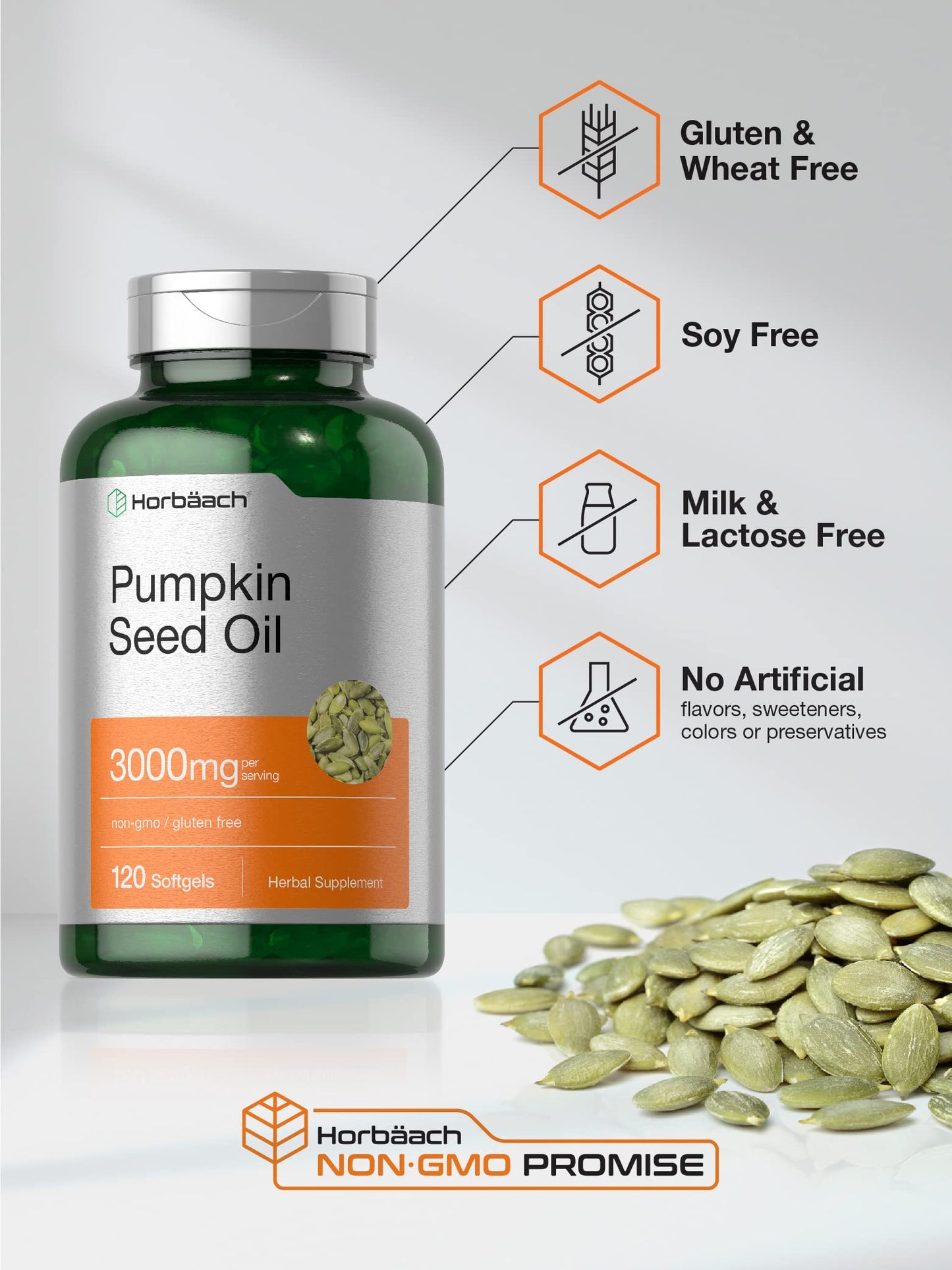 Horbäach Pumpkin Seed Oil 3000mg - 120 Softgels | Cold Pressed, Non-GMO & Gluten Free