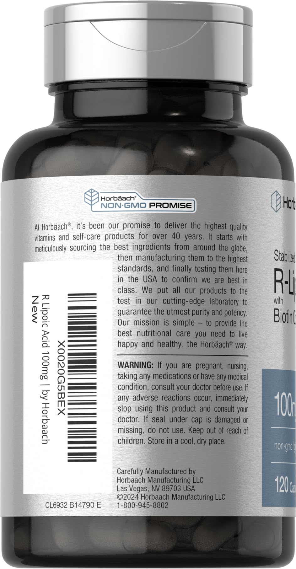 Horbaach R-Lipoic Acid 100 mg | 120 Capsules | with Biotin Optimizer | Non-GMO, Gluten Free | Stabilized R-Lipoic Acid Supplement