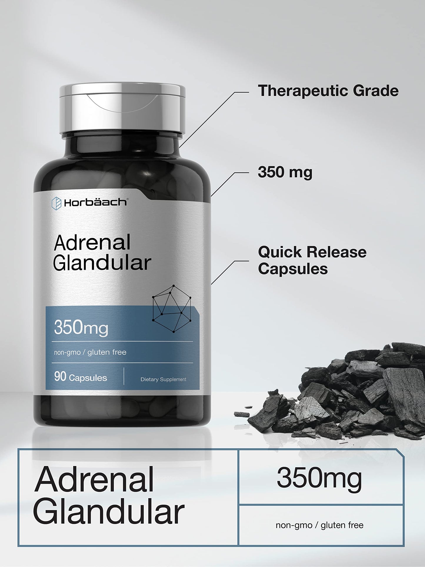 Horbäach Raw Adrenal Glandular 350 mg | 90 Capsules | Non-GMO, Gluten Free