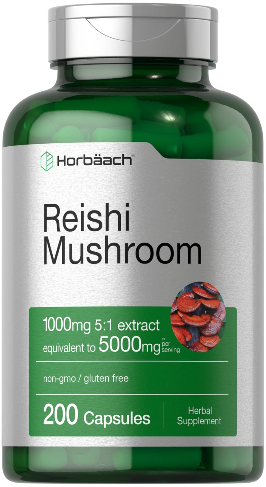 Horbäach Reishi Mushroom Capsules | 200 Count | Non-GMO and Gluten Free Extract Supplement