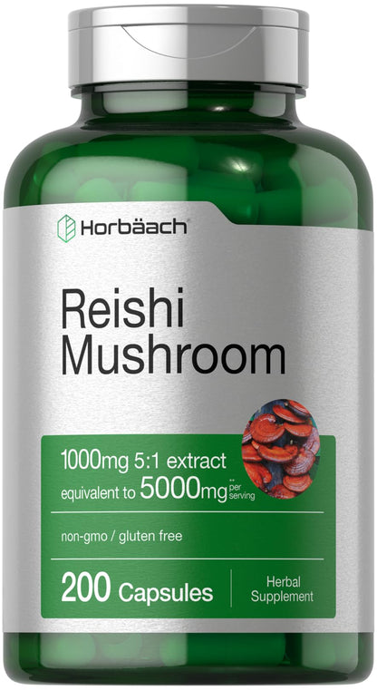 Horbäach Reishi Mushroom Capsules | 200 Count | Non-GMO and Gluten Free Extract Supplement