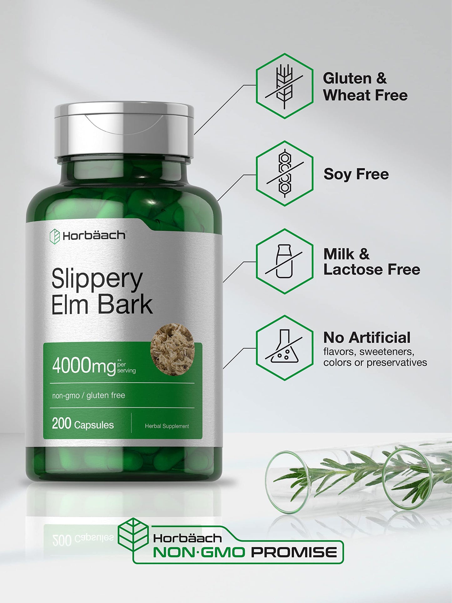 Horbäach Slippery Elm Bark Capsules | 200 Count | Non-GMO & Gluten Free