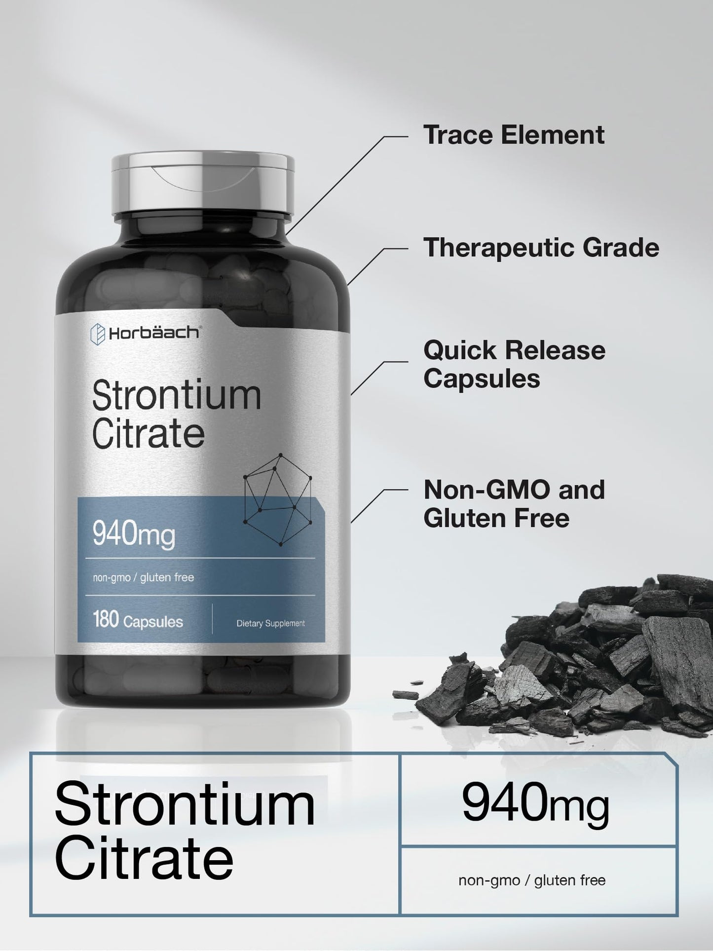 Horbäach Strontium Citrate 940 mg - 180 Capsules | Non-GMO & Gluten Free