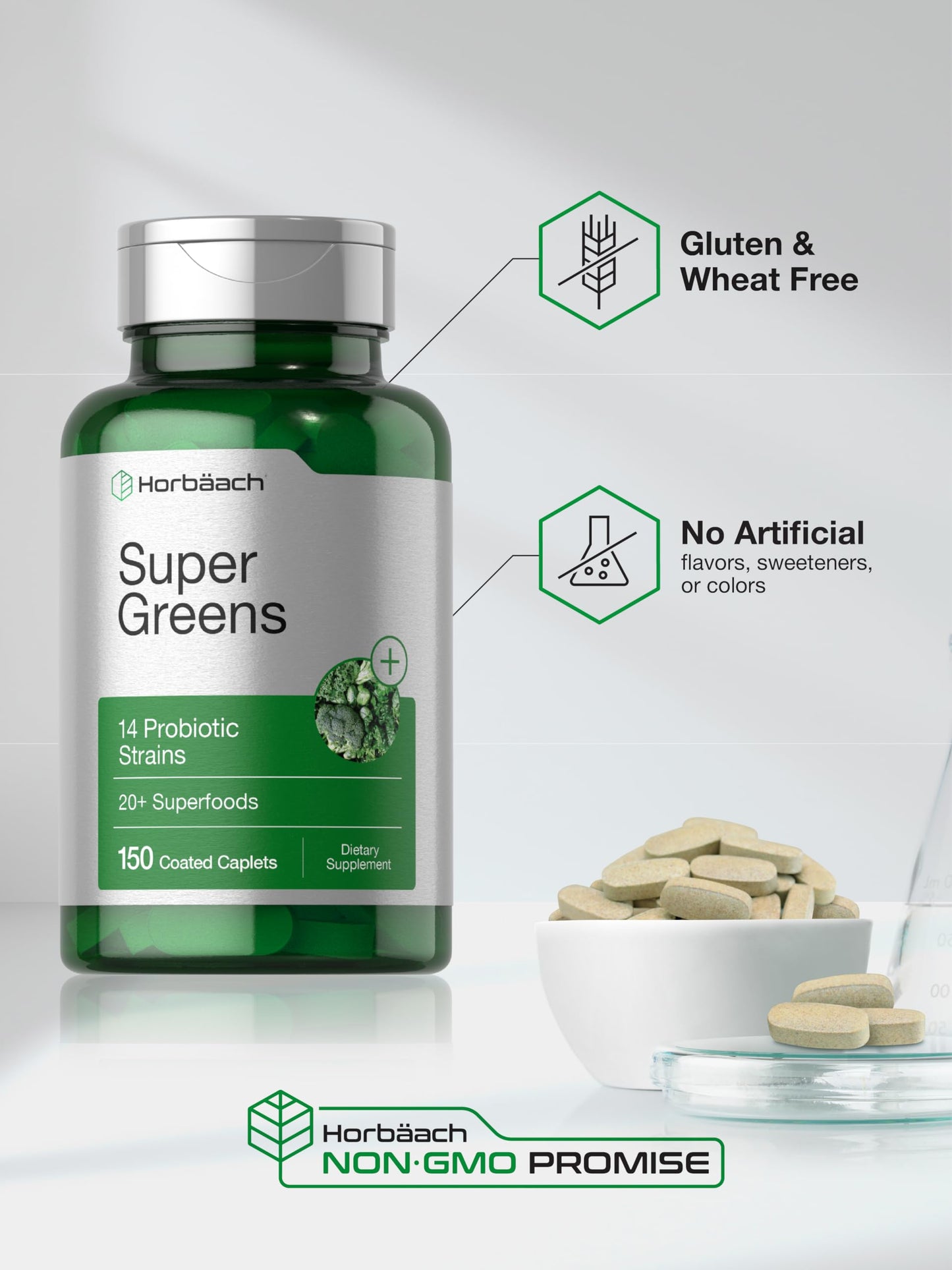 Horbäach Super Greens with Probiotics – 150 Caplets | Non-GMO, Gluten Free