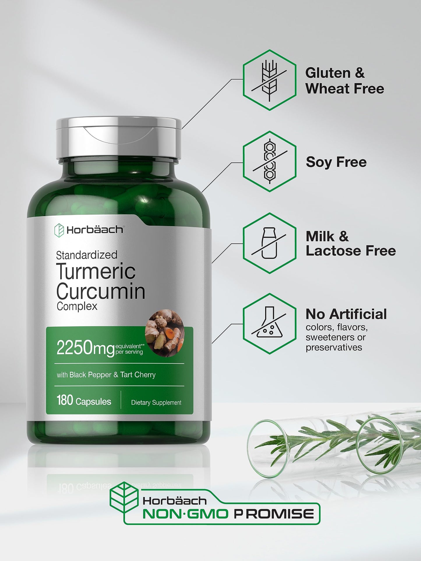 Horbaach Turmeric Curcumin 2250mg - 180 Capsules | Black Pepper & Tart Cherry, Non-GMO, Gluten Free