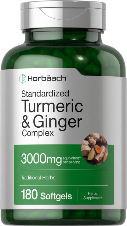 Horbäach Turmeric & Ginger Supplement 3000 mg | 180 Softgels | Black Pepper Extract | Non-GMO, Gluten Free