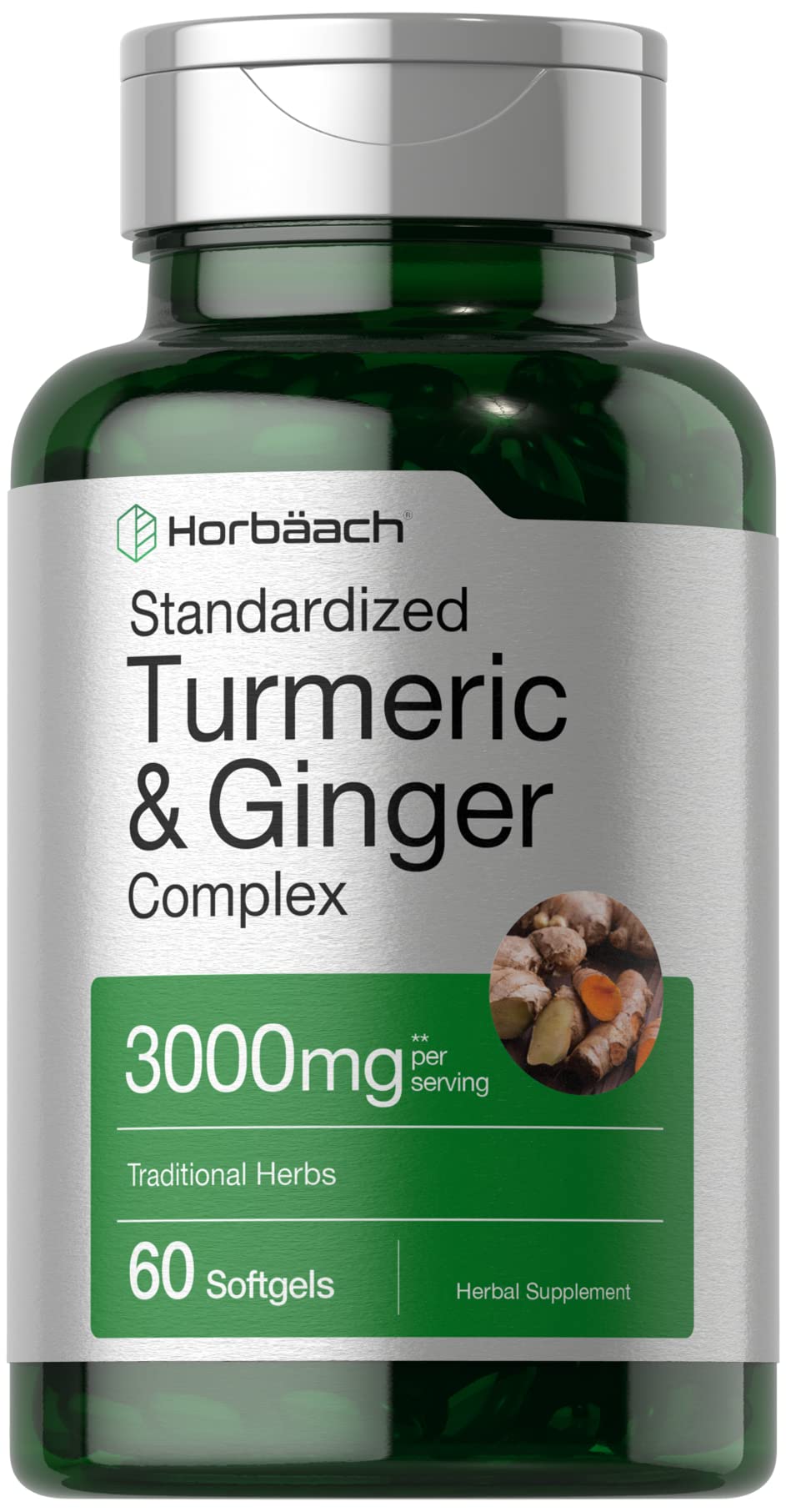 Horbäach Turmeric & Ginger Supplement 3000 mg | 60 Softgels | Black Pepper for Absorption | Non-GMO, Gluten Free