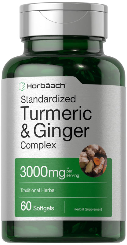 Horbäach Turmeric & Ginger Supplement 3000 mg | 60 Softgels | Black Pepper for Absorption | Non-GMO, Gluten Free