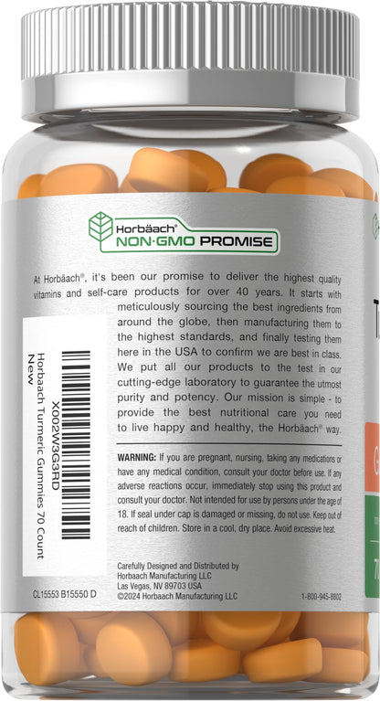 Horbäach Turmeric Gummies | 70 Count | Mango & Peach Flavor | Turmeric Curcumin with Ginger | Vegan Non-GMO & Gluten Free