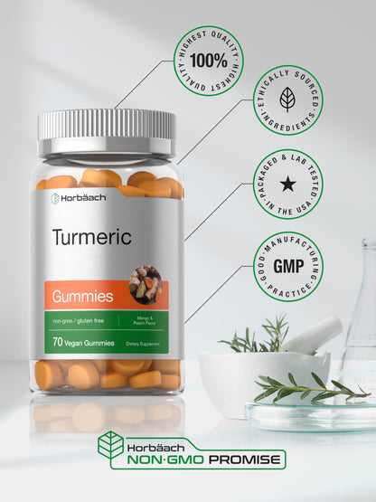 Horbäach Turmeric Gummies | 70 Count | Mango & Peach Flavor | Turmeric Curcumin with Ginger | Vegan Non-GMO & Gluten Free