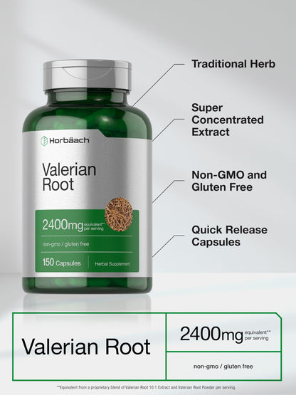 Horbäach Valerian Root Capsules | 2400 mg | 150 Count | Extract Supplement | Non-GMO, Gluten Free