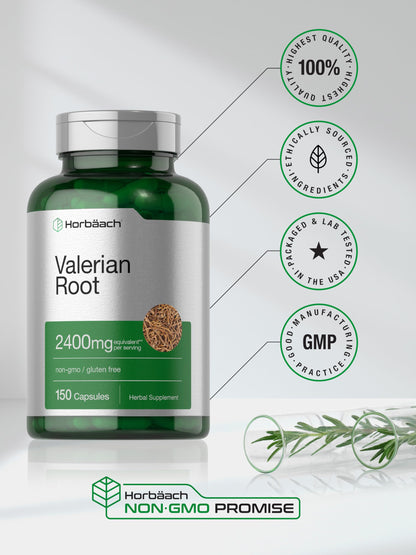Horbäach Valerian Root Capsules | 2400 mg | 150 Count | Extract Supplement | Non-GMO, Gluten Free